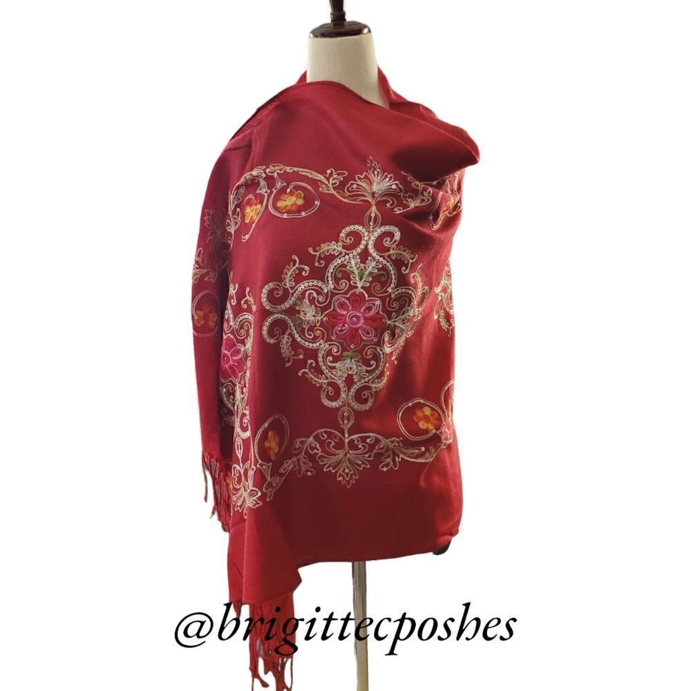 HANDMADE Embroidered Sequined Designed Deep Burgundy Shawl